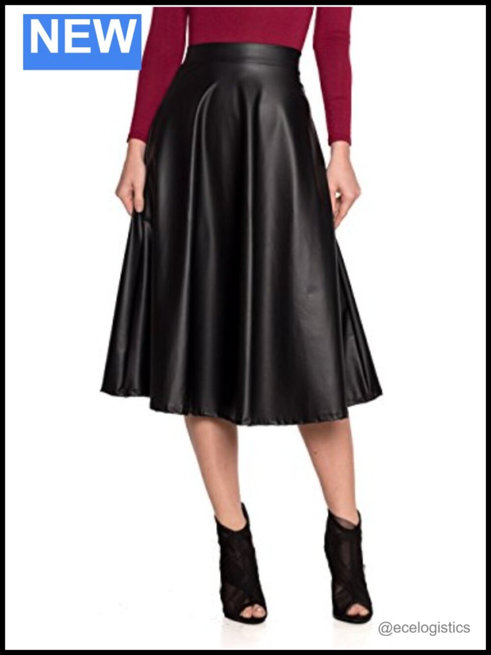 Cemi Ceri Women's Faux Leather Flare Skirt A-Line Midi Pull-On